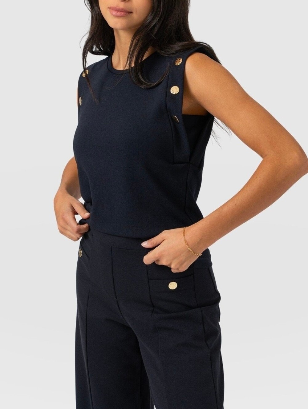 Rowan Saint+Sofia Black Tee and Gold Buttons